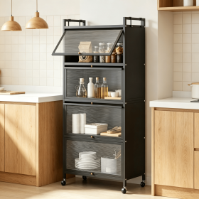 5-Tier Kitchen Storage Cabinet PC Flip-up Doors Adjustable Feet Rolling Wheels for Home Organization