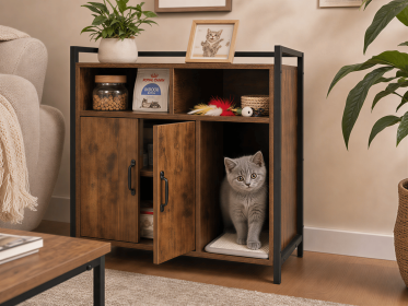 Rustic Brown Wooden Cat Litter Box Enclosure, Spacious Hidden Cat Litter Box with Scratching Mat Furniture for Bedroom, Bathroom