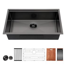 Undermount Kitchen Sink Single Bowl 16 Gauge Stainless Steel Workstation Sink Brushed Nickel /Gunmetal Black (Design: Black with workstation, size: 23)