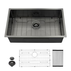 Undermount Kitchen Sink Single Bowl 16 Gauge Stainless Steel Workstation Sink Brushed Nickel /Gunmetal Black (Design: Black, size: 28)