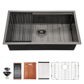 Undermount Kitchen Sink Single Bowl 16 Gauge Stainless Steel Workstation Sink Brushed Nickel /Gunmetal Black (Design: Black with workstation, size: 28)