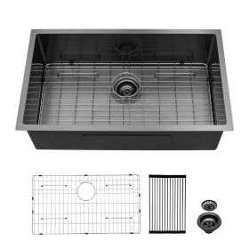 Undermount Kitchen Sink Single Bowl 16 Gauge Stainless Steel Workstation Sink Brushed Nickel /Gunmetal Black (Design: Black, size: 30)