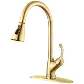 Pull Down Kitchen Faucet with Sprayer Stainless Steel - Single Handle Commercial High Arc Pull Out Spray Head Kitchen Sink Faucets with Deck Plat (Color: Brushed Gold)