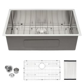 Undermount Kitchen Sink Single Bowl 16 Gauge Stainless Steel Workstation Sink Brushed Nickel /Gunmetal Black (Design: Stainless Steel Brushed, size: 33)