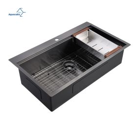 Aqucubic Gunmetal black handmade 16/18 Gauge 304 Stainless Steel Top Mount Single Bowl Kitchen Sink with ledge (Thickness: 16 Gauge, size: 36*22 inch)